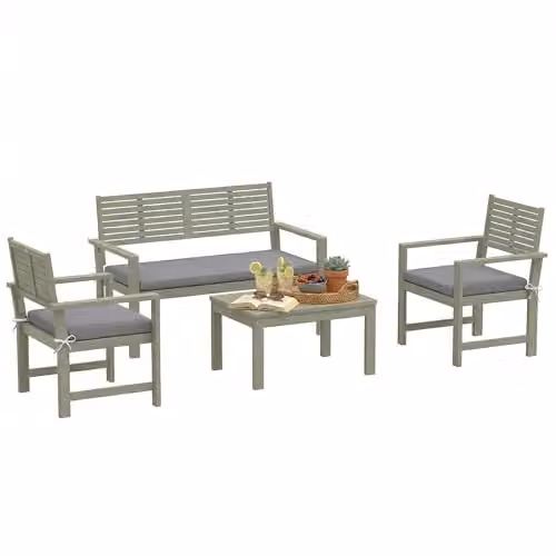 Outsunny 4 Seater Acacia Wood Garden Furniture Set with Grey Cushions – 1
