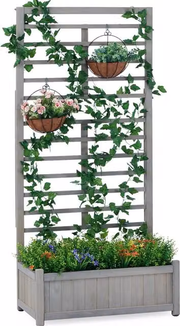Garden Gear Grey Wooden Raised Planter with Climbing Trellis