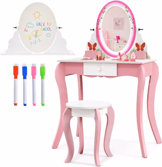 COSTWAY Kids Vanity Table and Stool Set with Hollywood LED Mirror in White and Pink