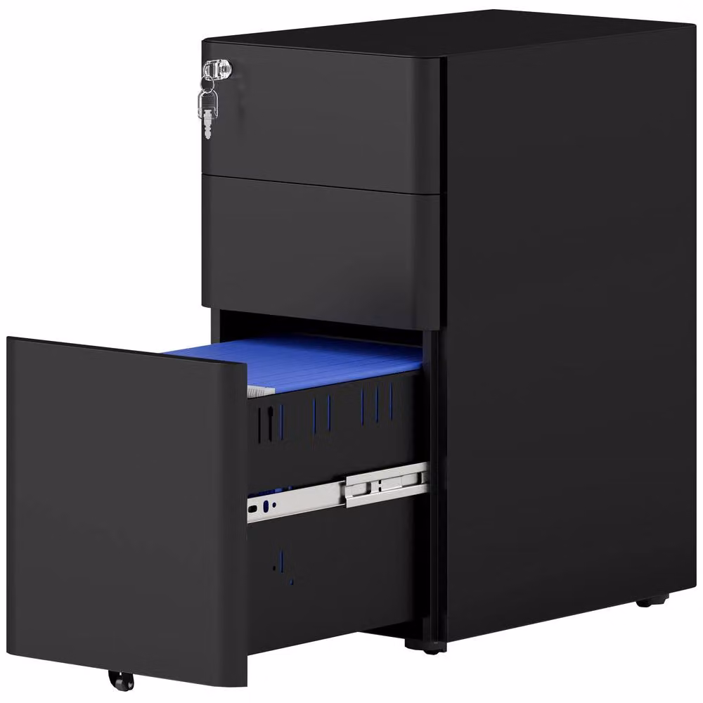 STILVORA 3 Drawer Metal Filing Cabinet with Lock and Castors in Matt Black – 2