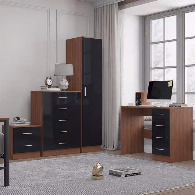 REFLECT Bedroom Furniture Set in Black Gloss and Matt Walnut featuring 1 Door Wardrobe, 5 Drawer Chest, Bedside Table and Desk