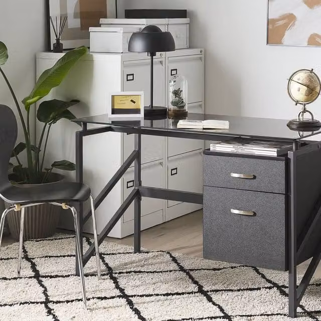 Wyld and Coco Black Writing Desk with Tempered Glass Top and Metal Frame, W: 117 cm, D: 57 cm, H: 76 cm