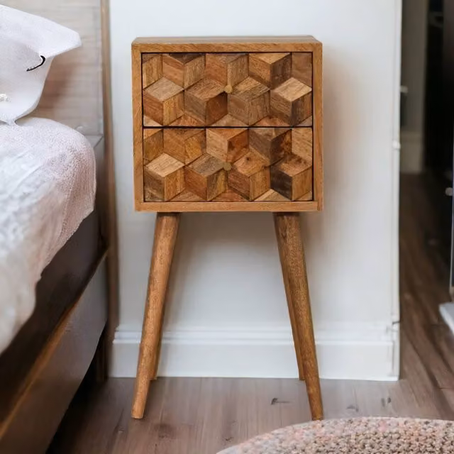 Artisan Furniture Solid Mango Wood Mini Cube Carved 2 Drawer Bedside Table in Brown
