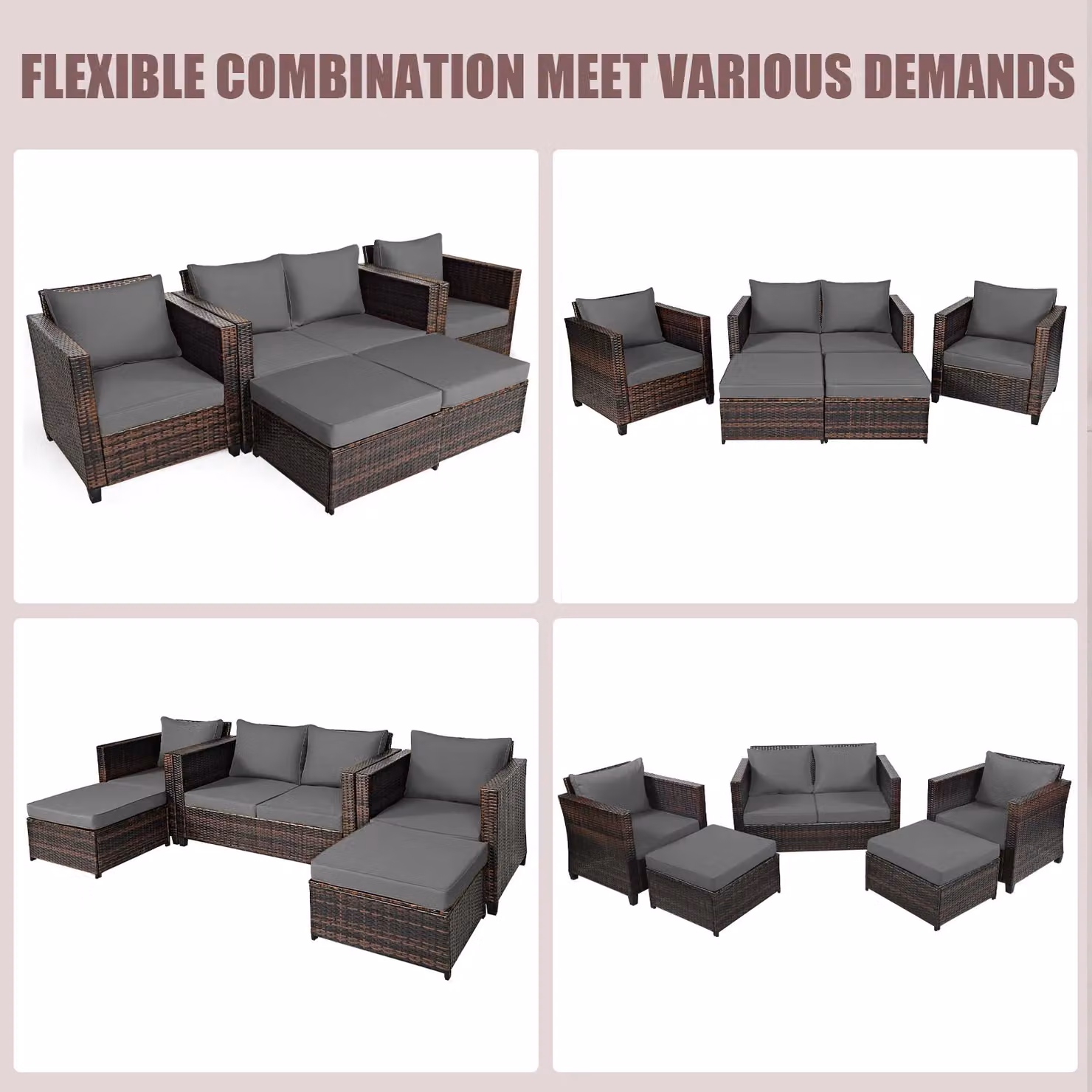 Costway 6-Seater Grey Rattan Garden Furniture Set with L-Shape Sofa, Ottoman and Upholstered Cushions – 4