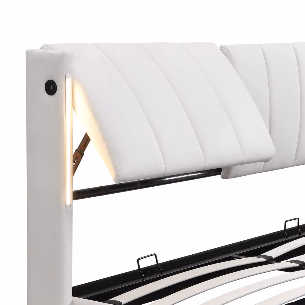 BTM White Upholstered PU Leather Hydraulic King Size Bed with LED Lighting and USB Charging Port, W/D/H: 180 x 200 cm – 6