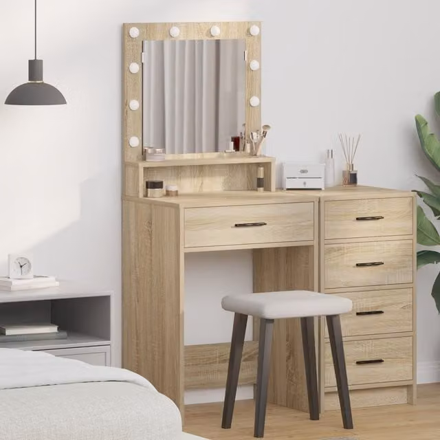 Berkfield Home Modern Makeup Table with Hollywood LED Lights in Sonoma Oak and Beige, W: 50 cm, D: 41 cm, H: 135 cm