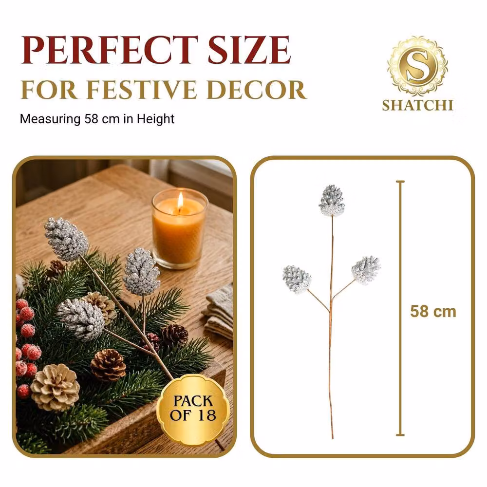 Shatchi Glitter Silver Pine Cone Christmas Picks, 6 Pack, Height: 58 cm – 3