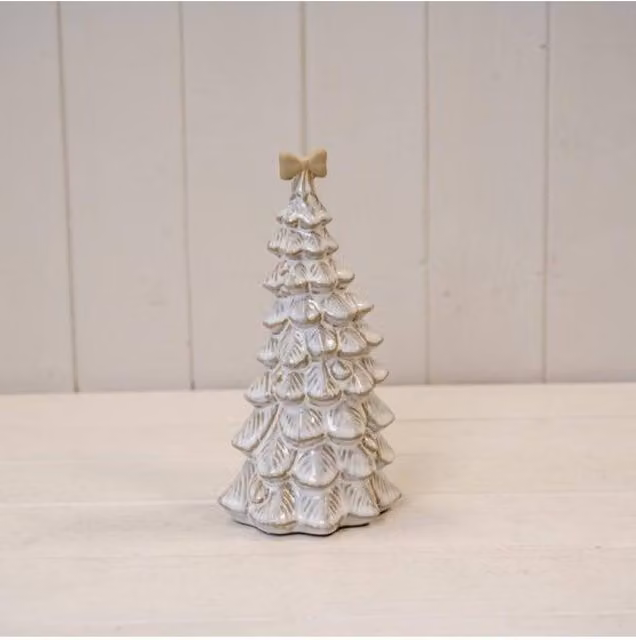 KDMD Medium Stone Glazed Ceramic Bendy Christmas Tree with Cream Bow in White and Beige