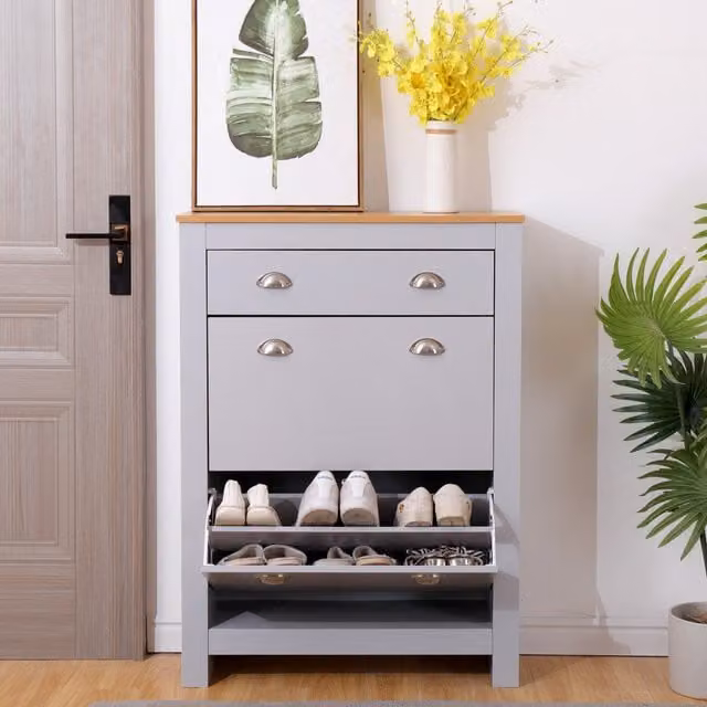 HMD Furniture 3 Drawer Shoe Storage Cabinet in Grey and Oak