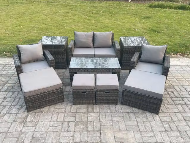 Fimous High Back Rattan Garden Furniture Set in Dark Grey with Coffee Table, Side Tables, Armchairs and Ottomans
