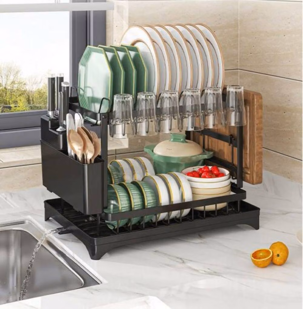 Lishetimig Black Metal Dish Drying Rack with Cup Holder, Cutlery Holder and Drip Tray for Kitchen Counters or Over the Sink – 2
