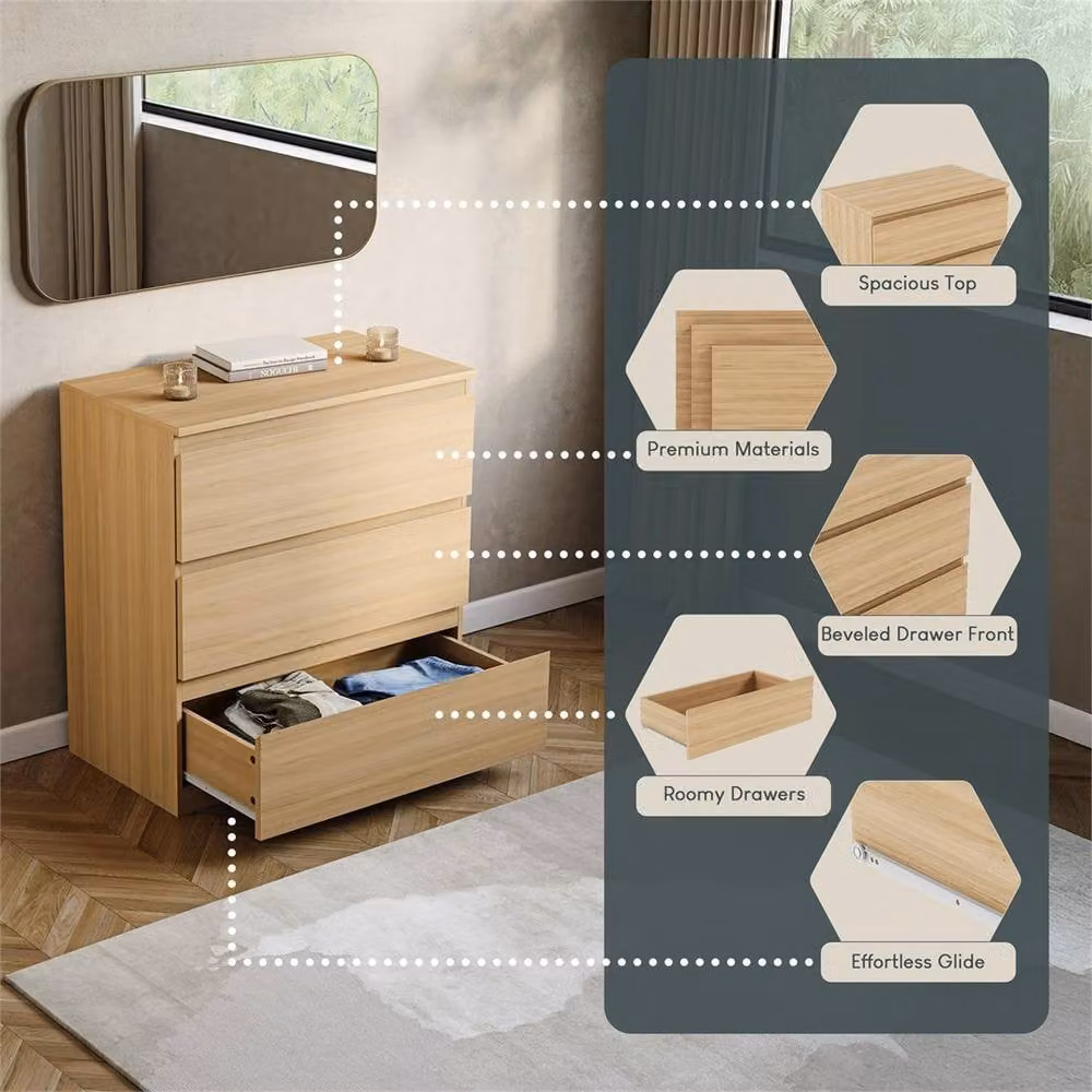 PAWNORA 3 Drawer Chest of Drawers in Natural Pine Wood – 3