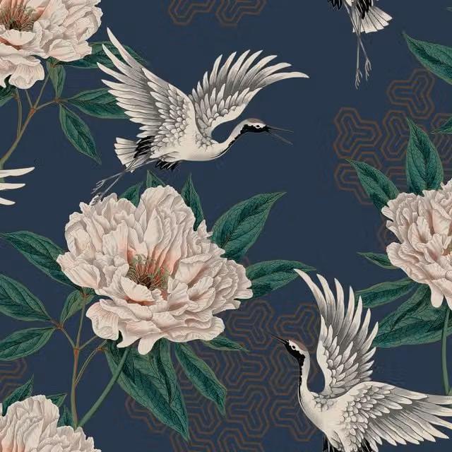 Grandeco Flying Cranes Geo Smooth Metallic Wallpaper in Navy Blue