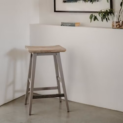 Statement Furniture Florence Bar Stool in Grey with Acacia Wood Seat, W43 x D33 x H65 cm – 1