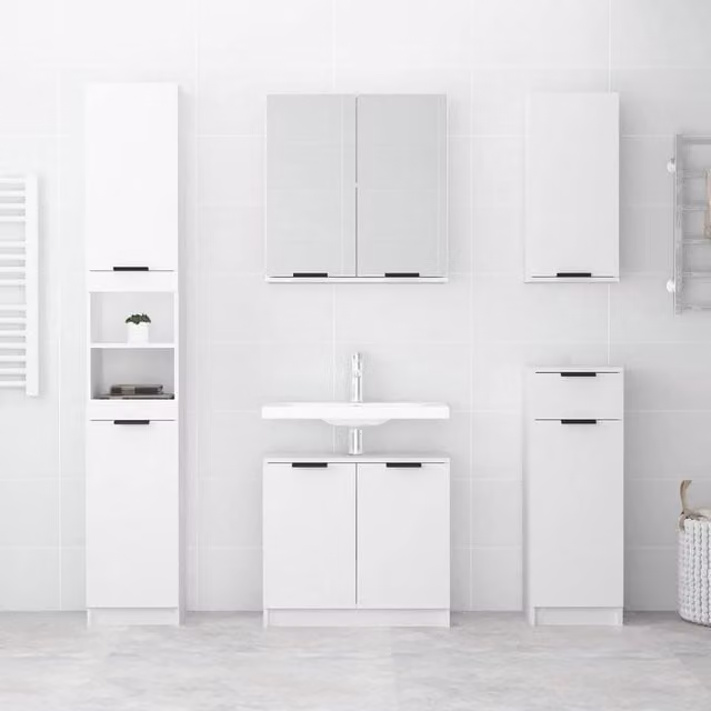 Berkfield Home White Freestanding Bathroom Cabinet with Hinged Doors and Open Shelf, W/D/H: 32 x 34 x 188.5 cm