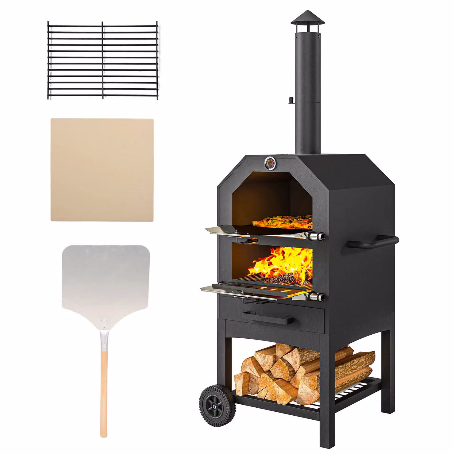 OUTSUNNY 2-in-1 Outdoor Charcoal BBQ Grill and Pizza Oven in Black with 3-Tier Freestanding Design, Rain Cover, Chimney, Thermometer and Bottom Shelf, H 158 x W 66 x D 45 cm – 2