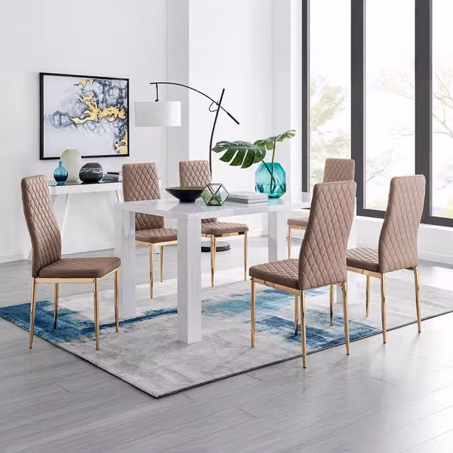 FurnitureboxUK Pivero Dining Set with White Rectangular Table and 6 Gold Leg Milan Chairs in Cappuccino