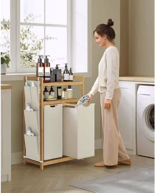 The Bazaarist Double Laundry Hamper with Shelf and Side Pockets in White and Cream White
