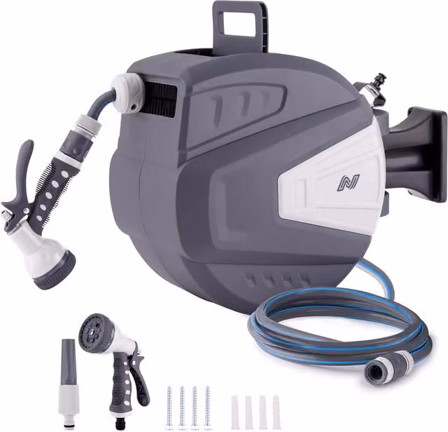 Netta Wall Mounted Manual Garden Hose Reel, Grey, Width: 49.0 cm