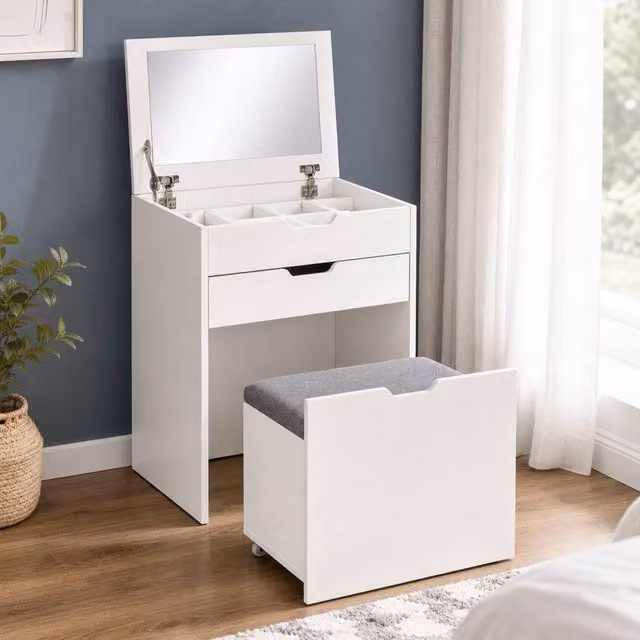 STILVORA Dressing Table Set with Flip-Top Mirror and Storage Stool in White