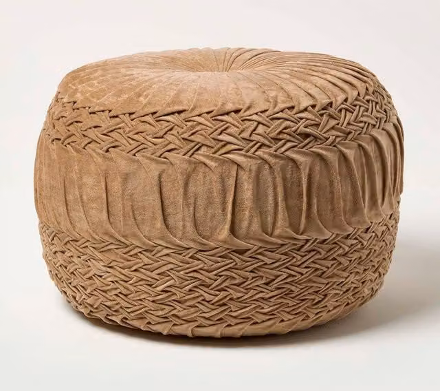 Homescapes Sofia Pleated Velvet Pouffe in Taupe