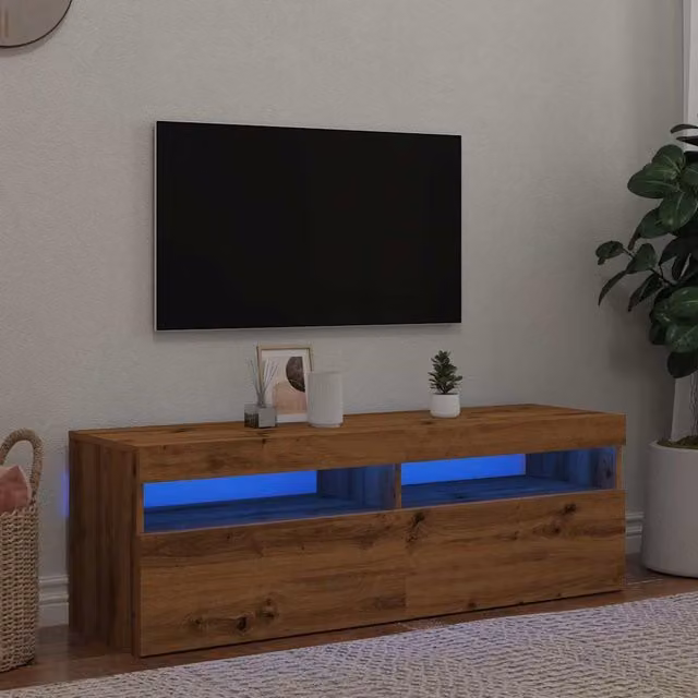 Berkfield Home Modern TV Cabinet with LED Lights in Artisan Oak Brown, W/D/H: 120 x 35 x 40 cm