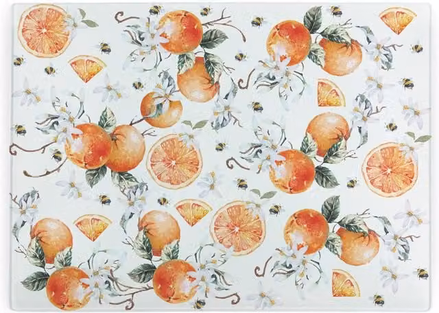 Purely Home Tangerines Glass Rectangular Chopping Board and Worktop Protector in Orange and Multicolour