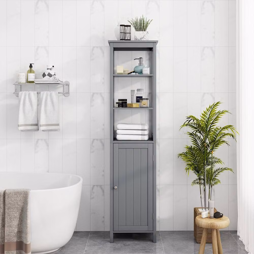 Gymax Modern Grey Freestanding Bathroom Floor Cabinet with Hinged Doors and Adjustable Internal Shelves – 2