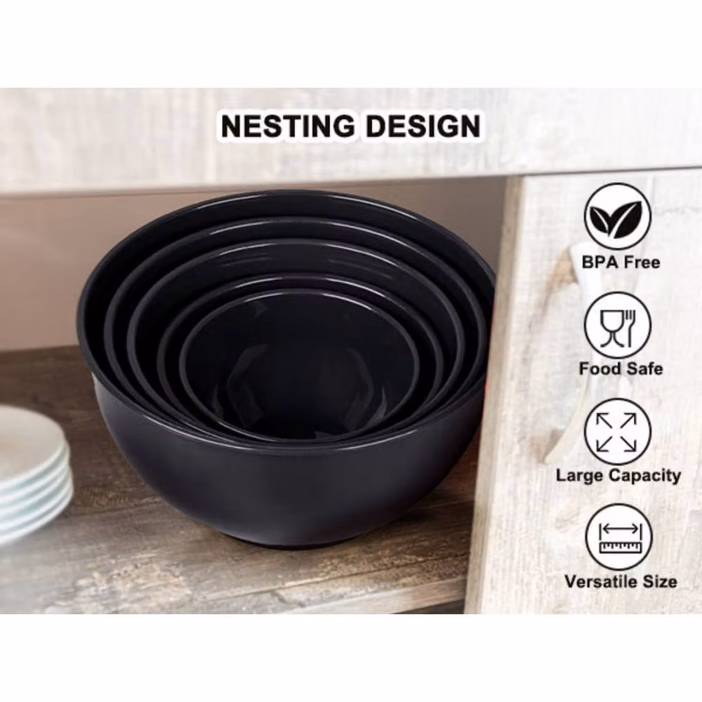 Greentainer 5-Piece Nesting Plastic Bowls with Lids, Black, Round – 6