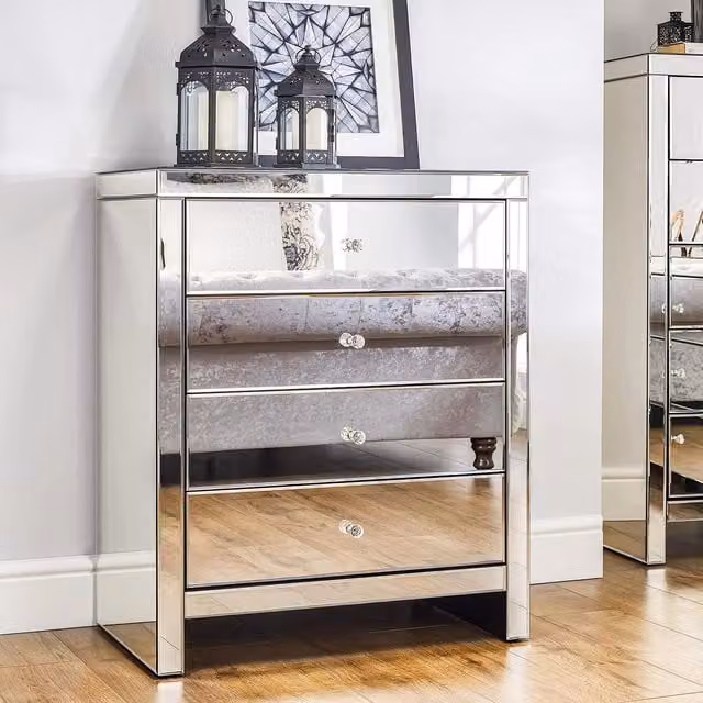 Comfy Living Modern Silver Mirrored Chest of Drawers, Width: 92 cm