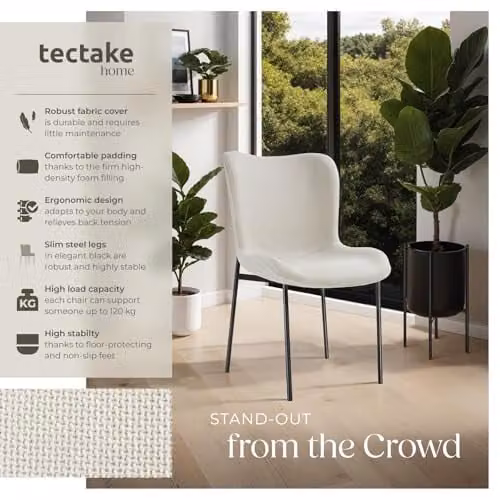tectake Set of 4 Scandinavian Style Dining Chairs in White and Black with Fabric Upholstery and Metal Legs – 2