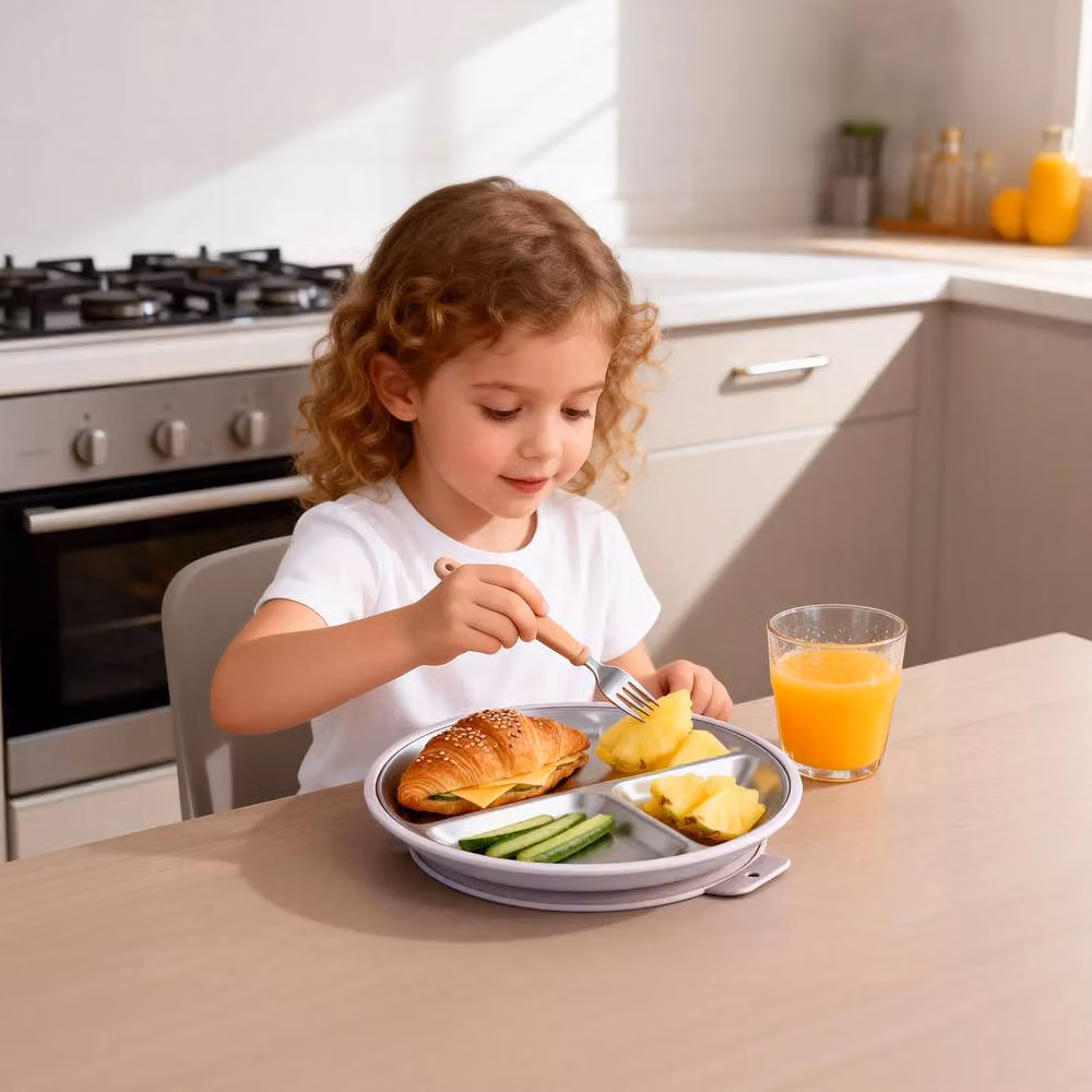 Greentainer 3-Piece Pink Stainless Steel and Silicone Divided Plate Set with Suction Base for Children – 4