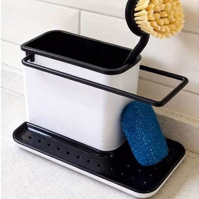 PAWNORA Black and White Plastic Kitchen Sink Organiser with Removable Drip Tray