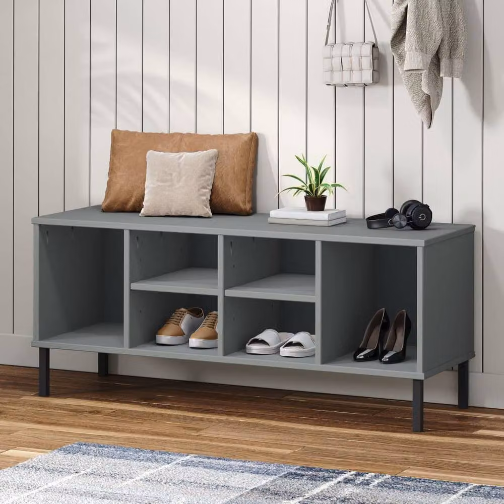 Berkfield Home OSLO Solid Wood Shoe Rack with Metal Legs, Grey, W/D/H: 106 x 35 x 45 cm – 2