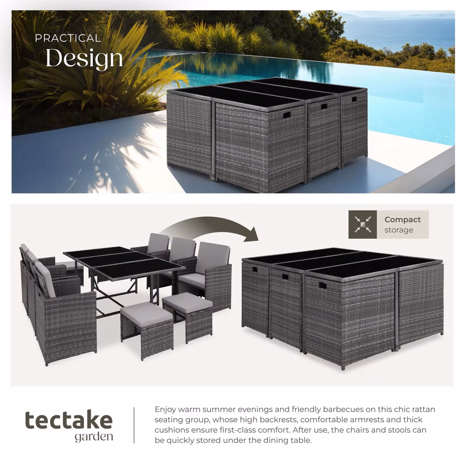 tectake Malaga Modern Extendable Rattan Garden Table and Chairs Set with Glass Top and Weather Resistant Cushions in Grey and Black – 5