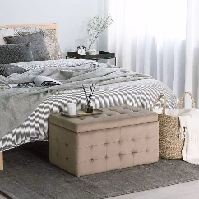 Wyld and Coco Light Brown Velvet Tufted Storage Ottoman Bench