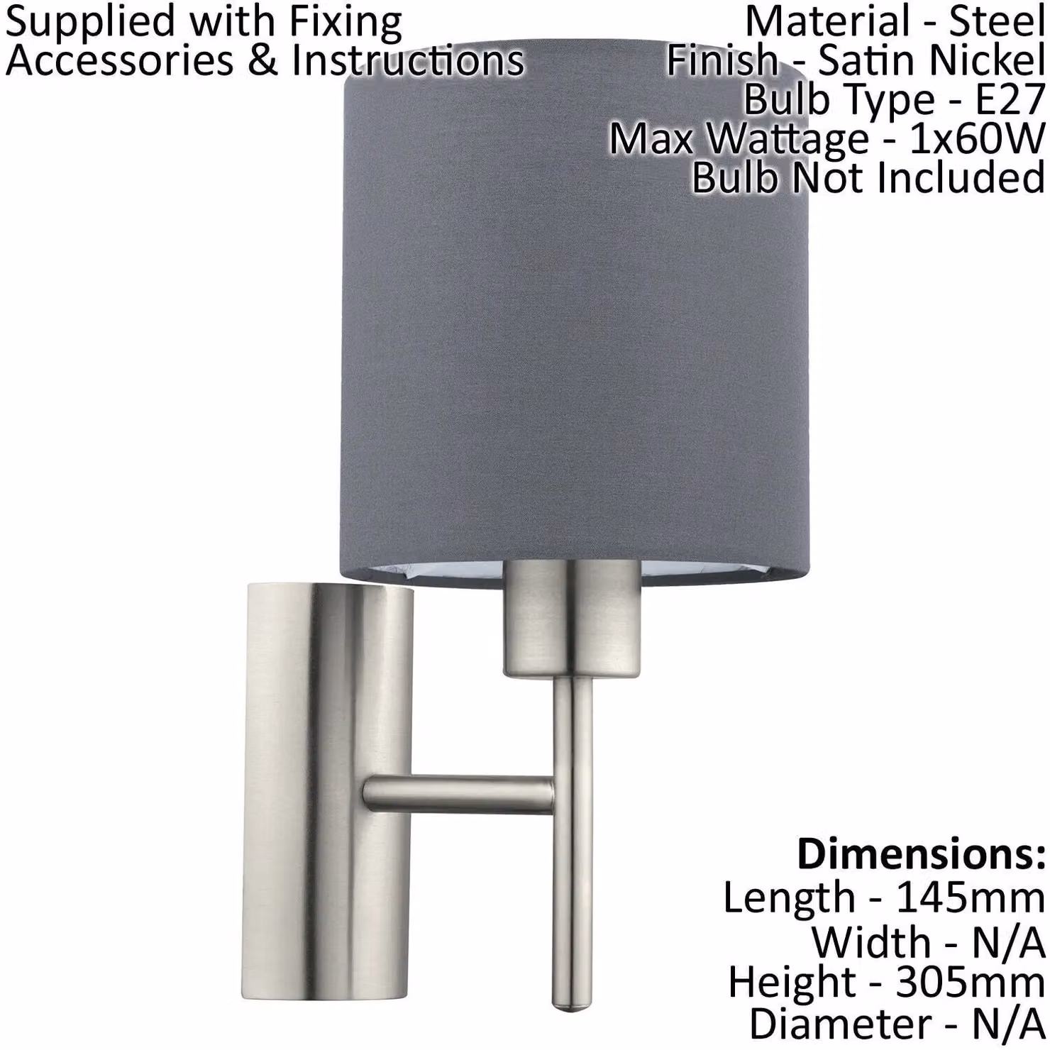 Loops 2 Pack Modern Wall Lights with Grey Fabric Shades and Satin Nickel Metal Finish, E27 Rocker Switch – 2