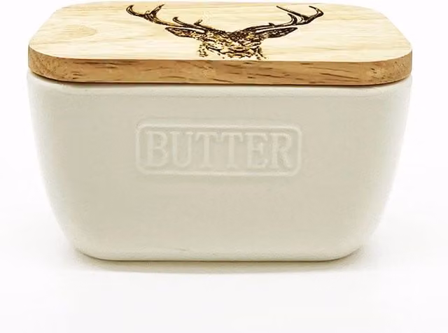 Selbrae House White Ceramic Butter Dish with Stag Prince Design – 1