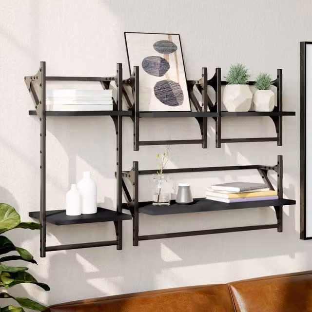 Berkfield Home 4 Piece Black MDF Wall Mounted Industrial Shelf Set with Hanging Rods