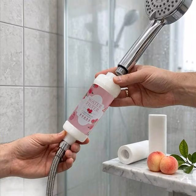INMTFEI Peach Scent Shower Filter and Hard Water Purifier Cartridge for Hair and Skin in Pink and White