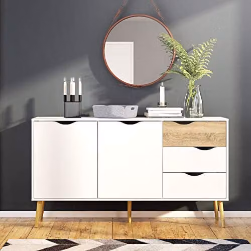 Furniture To Go Oslo Large Sideboard with 3 Drawers and 2 Doors in White and Oak, W: 147.2 cm, H: 81.7 cm, D: 39.1 cm – 2