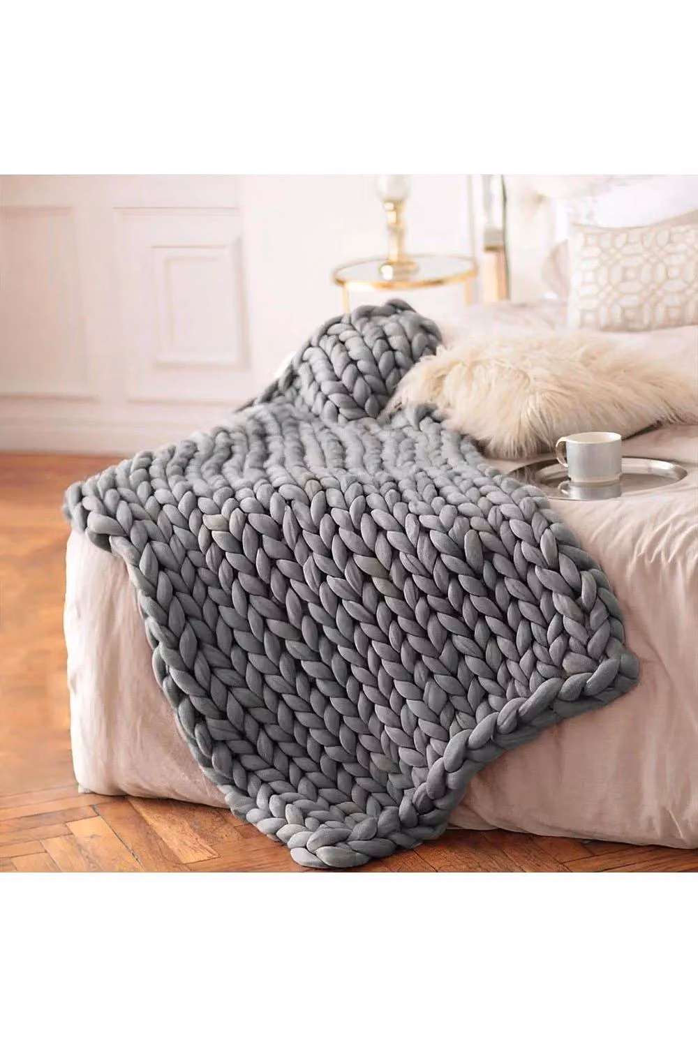 H&O Direct Grey Chunky Knit Cotton Throw Blanket, W/D/H: 120 x 150 cm – 2
