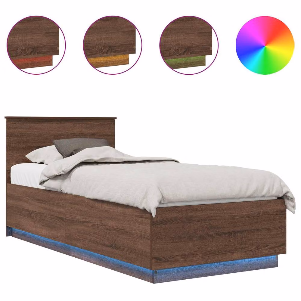 Berkfield Home Modern Bed Frame with Headboard, Brown Oak, W/D/H: 70 x 190 cm, featuring Under-Bed Lighting and USB Charging Port – 2