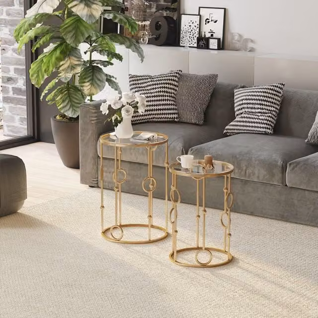 HOMCOM Set of 2 Round Gold Nesting Coffee Tables with Glass Tops – 1