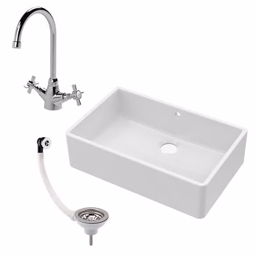 Balterley White Ceramic Butler Sink Single Bowl with Mono Crosshead Mixer Tap and Waste, Width: 79.5 cm – 1