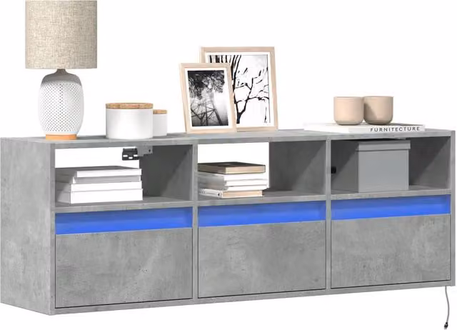 Berkfield Home TV Wall Cabinet with LED Lights in Concrete Grey, W/D/H: 130 x 31 x 45 cm
