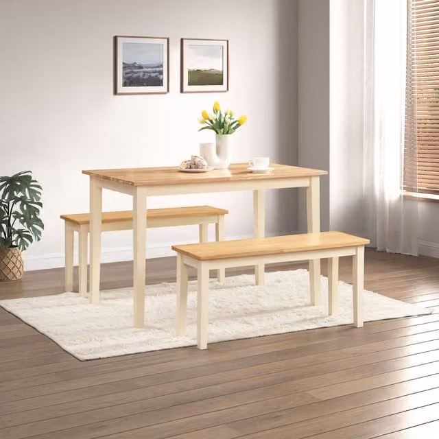 FurnitureboxUK Salcombe Small Rectangular Wooden Dining Table and 2 Tenby Small Benches in Cream