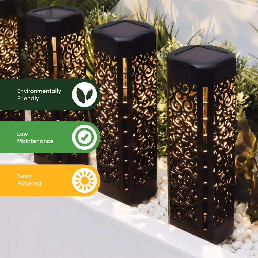 Gardenwize Pack of 4 Solar Powered LED Garden Path Lights in Black with Warm White Light and Dusk Sensor – 5