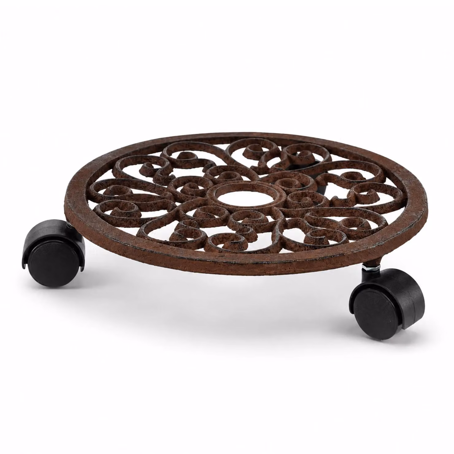 Oypla Cast Iron Plant Pot Mobile Trolley Stand in Brown, 30.48 cm – 3