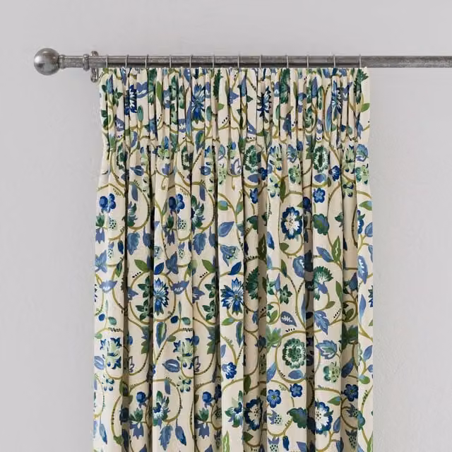 Land & Shore Esther Floral Lined Cotton Curtains, Green, Blue and Multicolour, W: 137.16 cm, H: 228.6 cm